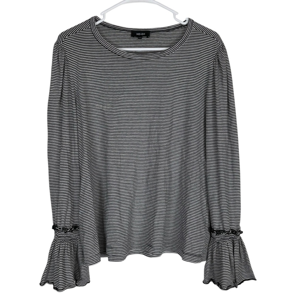 ME+EM Womens 10 Black White Striped Long Flare Sleeve Top Shirt Blouse Casual